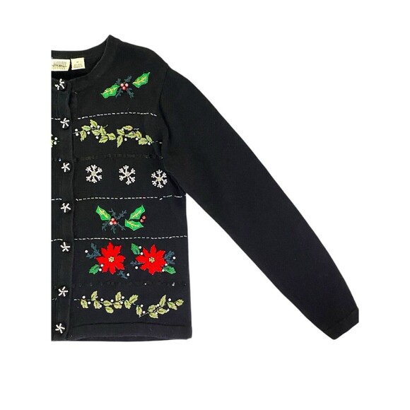 VTG Christmas Cardigan Sweater Medium Jason Maxwell Beaded Snowflakes Poinsettia - Picture 12 of 13